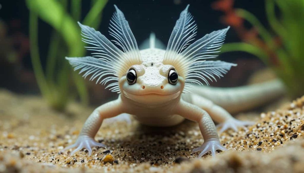 A Cute Axolotl Swimming In Its Aquarium Habitat