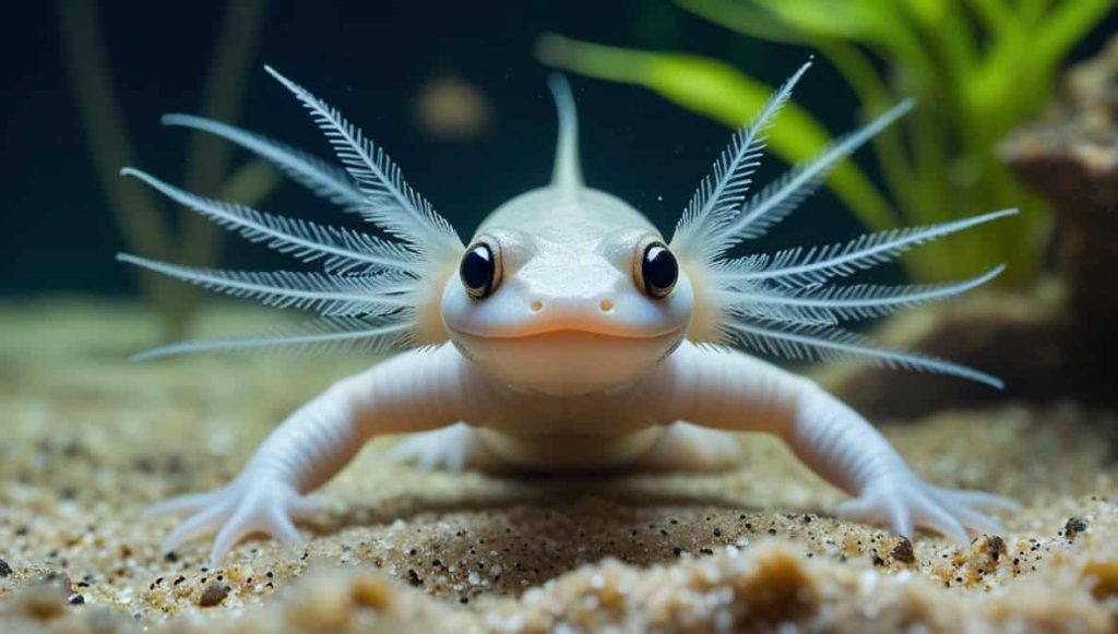 A Photograph Of An Axolotl Swimming In An Aquarium