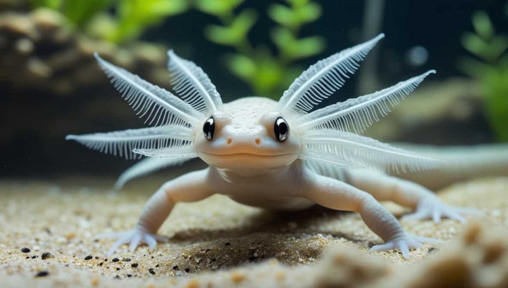 An Adorable Axolotl Surrounded By Plants In An Aquarium