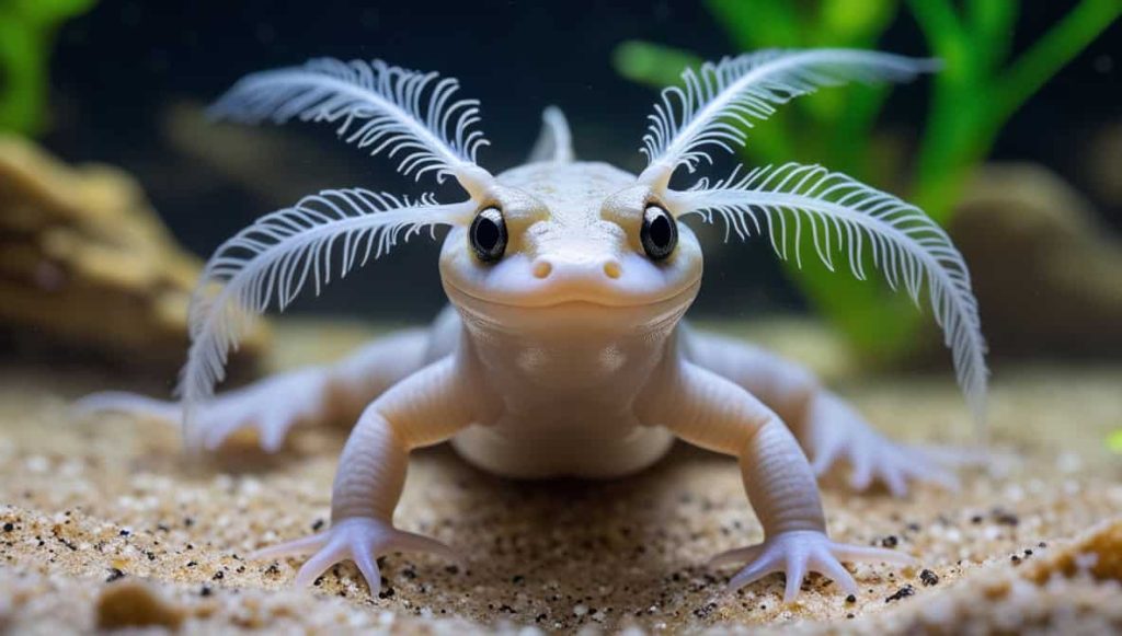 Axolotl Curiously Exploring Its Aquarium