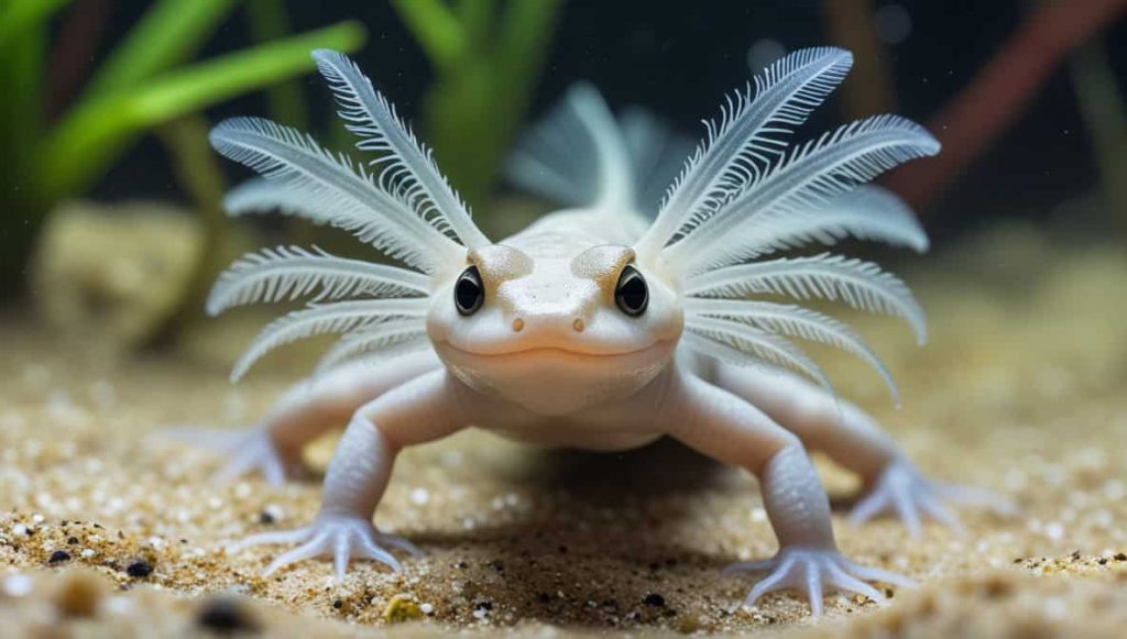 Axolotl Peacefully Floating In A Glass Aquarium