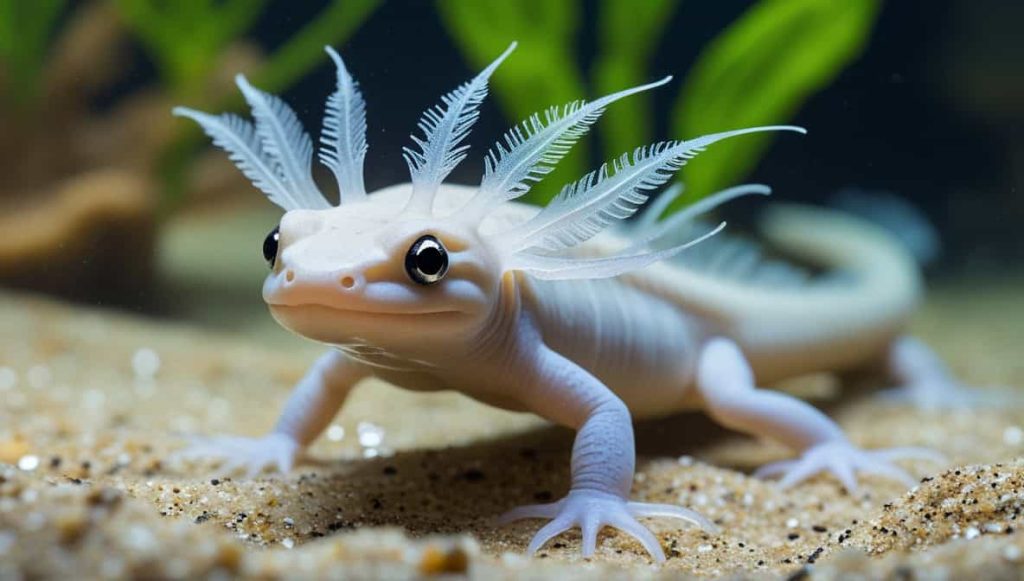 Axolotl Swimming Near Rocks And Plants In An Aquarium